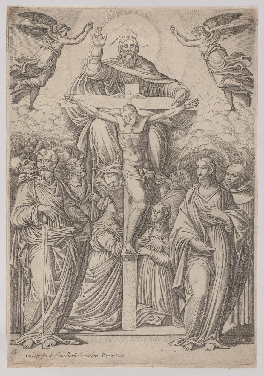 Treenigheden, med korsfæstelsen i centrum og helgener til begge sider, 1586. af Giovanni Battista Cavalieri