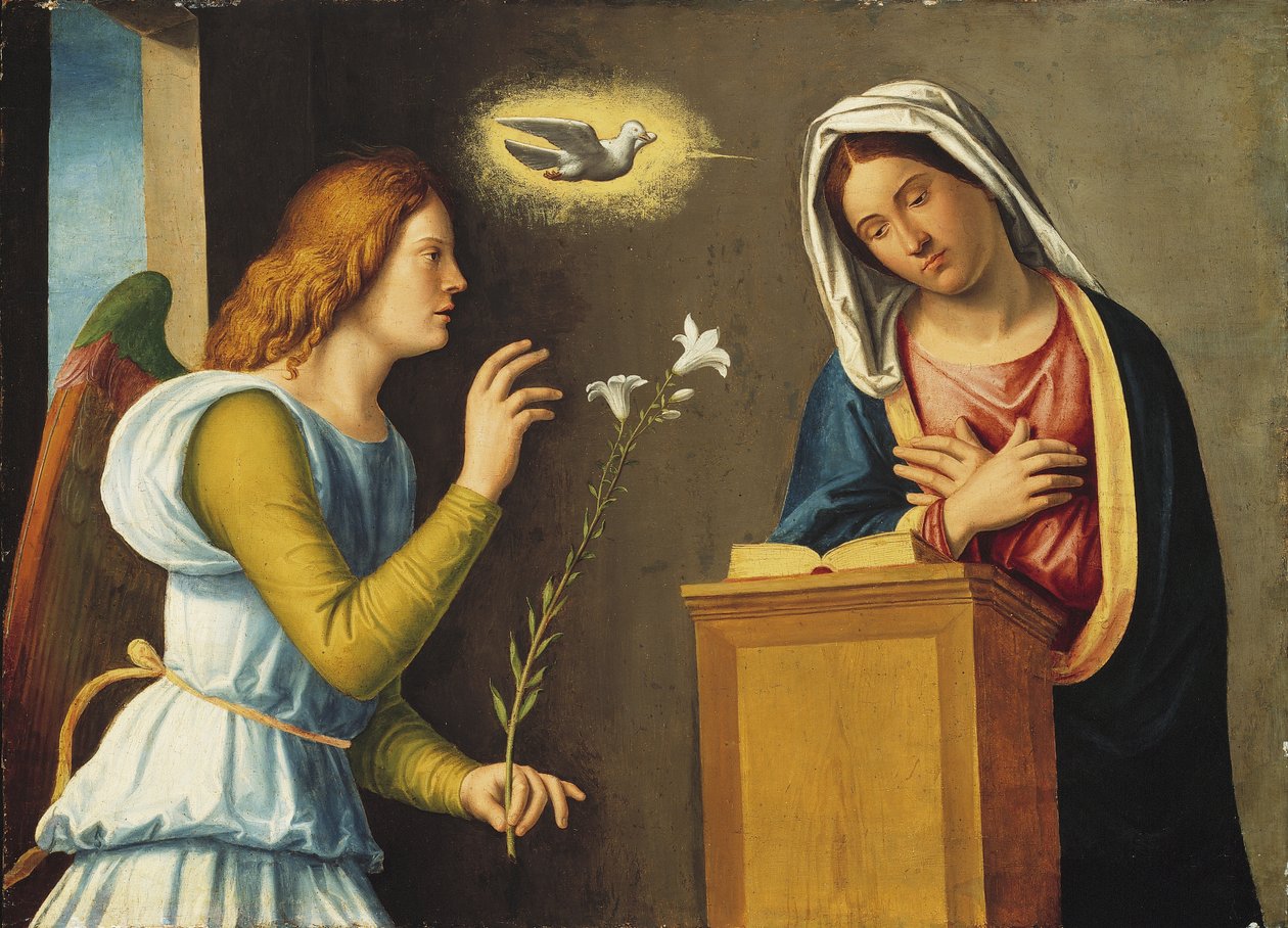 Bebudelse til Jomfruen, 150005 (maling på træpanel) af Giovanni Battista Cima da Conegliano