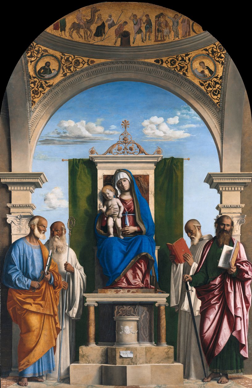 Tronende Madonna med barn og SS Peter, Romualdus, Benedict og Paul af Giovanni Battista Cima da Conegliano