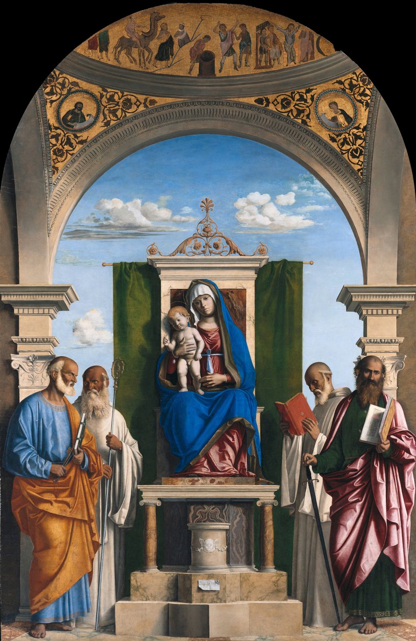 Madonna tronet med barnet og de hellige Peter, Romuald, Benedikt og Paul, ca 1595 af Giovanni Battista Cima da Conegliano