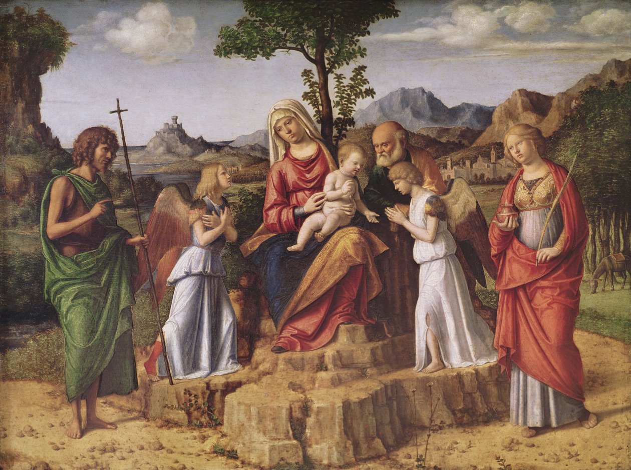 Hellig samtale (Den hellige familie omgivet af engle, Saint Lucy og Saint John the Baptiste), stopper før flyveturen til Egypten, ca. 1490 af Giovanni Battista Cima da Conegliano