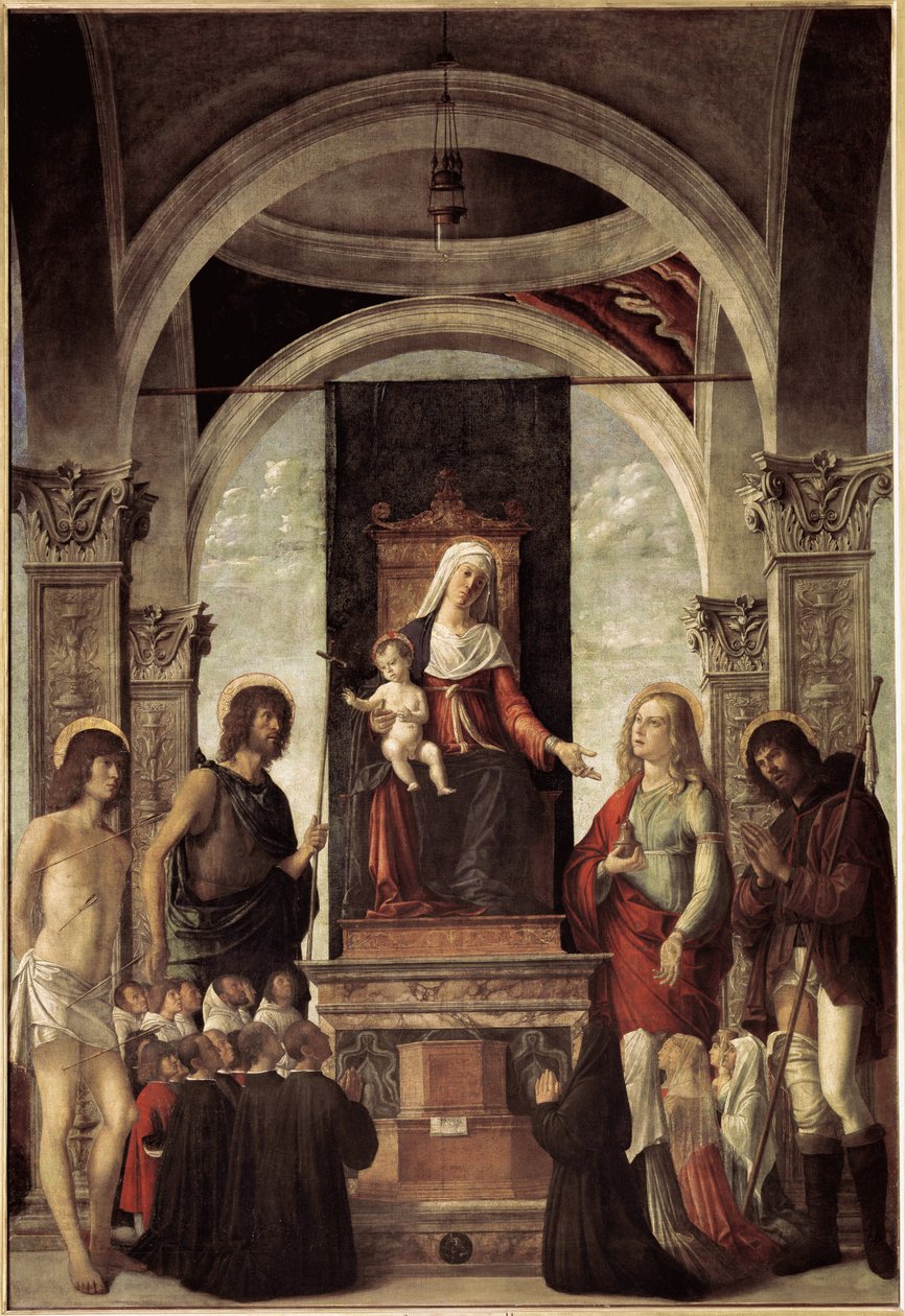 Hellig samtale, jomfru med barn omgivet af Johannes Døberen, Sankt Sebastian, Sankt Roch, Sankt Maria Magdalena (olie på lærred, ca. 1487-1488) af Giovanni Battista Cima da Conegliano