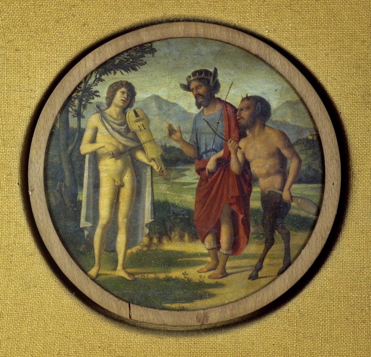 Tastaturinstrumentcover med illustration af Apollo (med lyre) og Marsyas af Giovanni Battista Cima da Conegliano