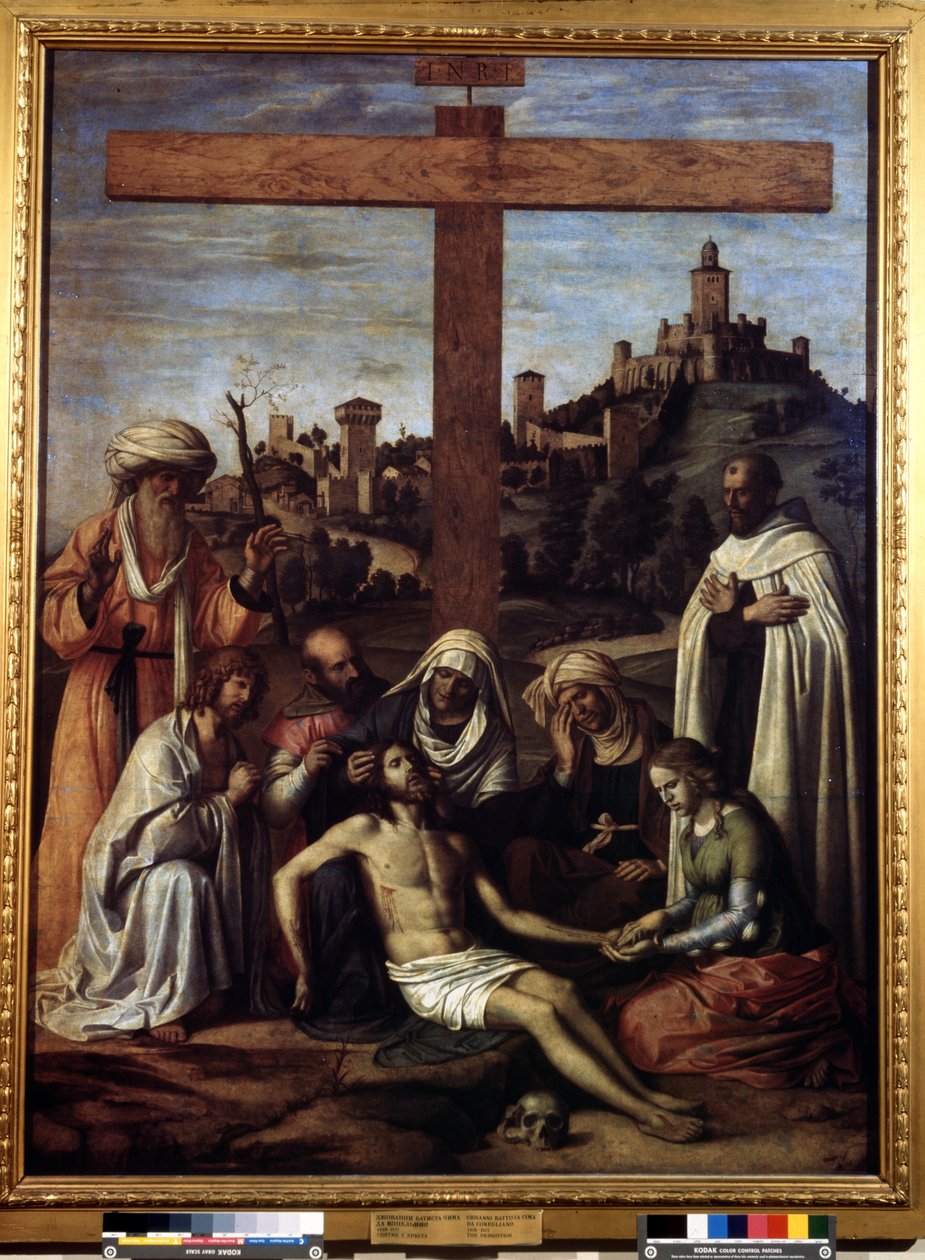 ""Aflejringen"" Inskription ""INRI"" på korset. Maleri af Giovanni Battista Cima da Conegliano (omkring 1459-1517) 1500-tallet Dim. 199x148 cm Pushkin Museum, Moskva af Giovanni Battista Cima da Conegliano