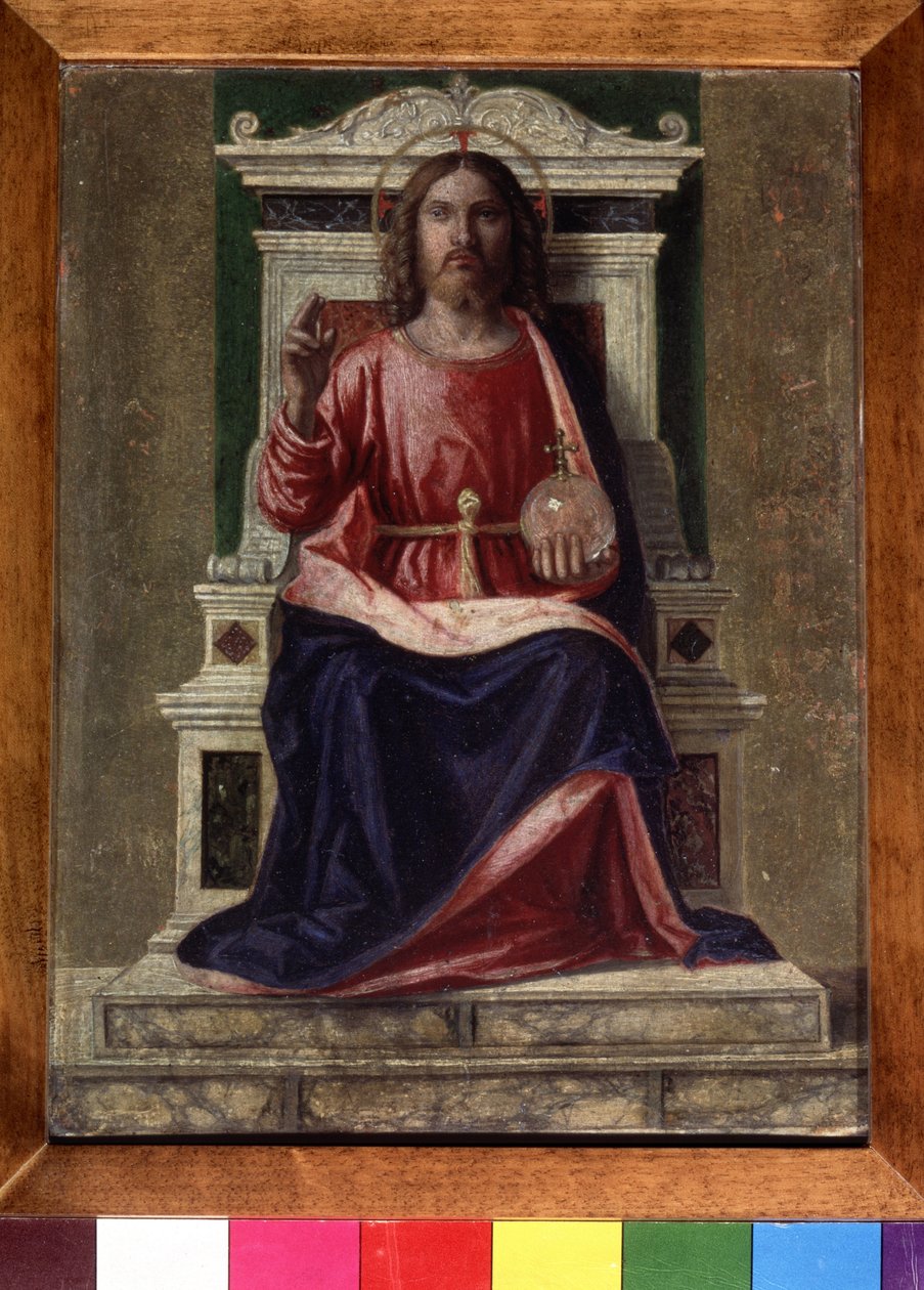 ""Kristus på tronen"" Hans glorie er markeret med et kors, han holder i sin venstre hånd en klode overgivet af et kors og laver et tegn på velsignelse med sin højre hånd. Maleri af Giovanni Battista Cima da Conegliano (ca. 1459-1517) ca. 1505 Dim af Giovanni Battista Cima da Conegliano
