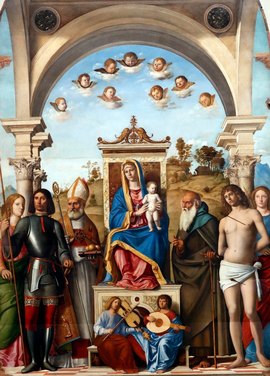 Madonna og barn på tronen med de hellige Catherine, George, Nicholas, Anthony Abbot, Sebastian og Lucy af Giovanni Battista Cima da Conegliano