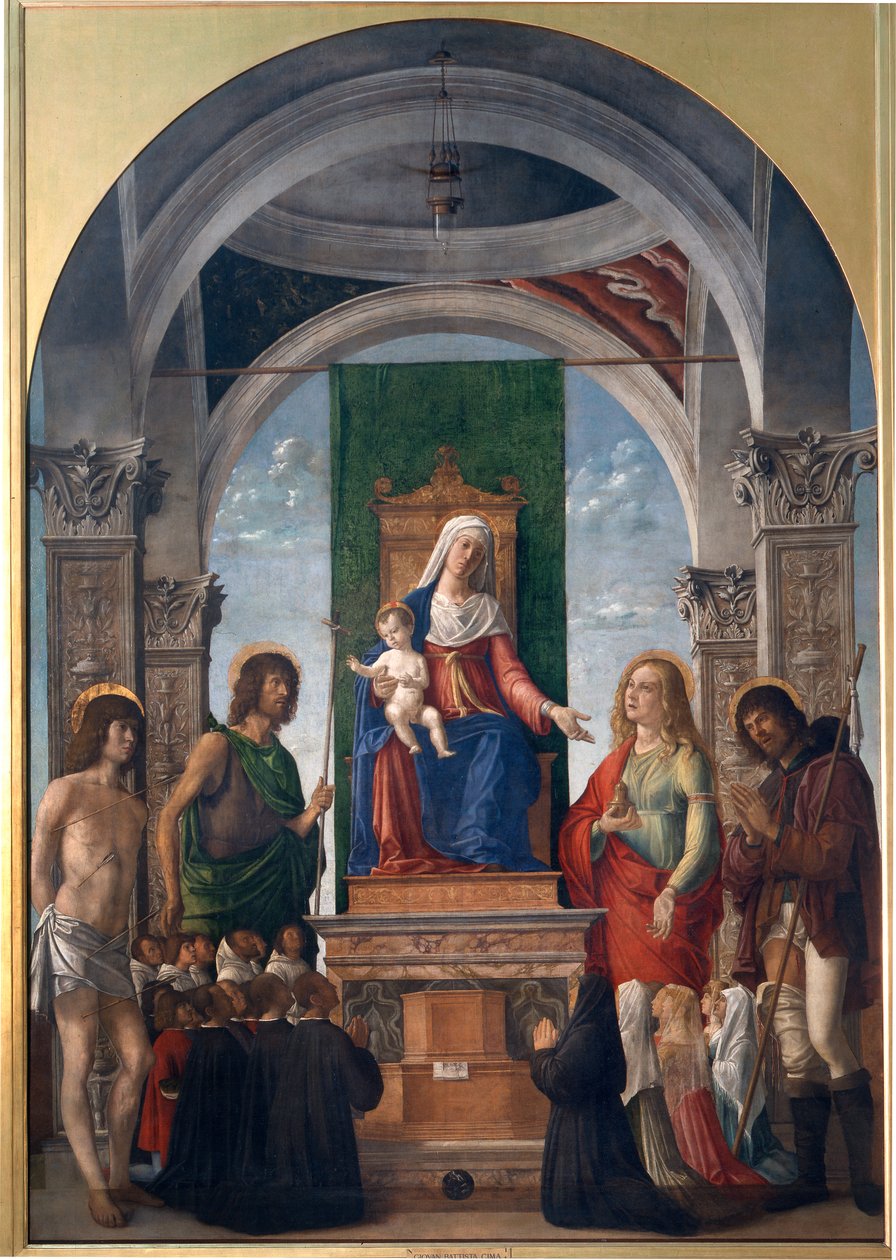 Madonna og barn på tronen med St. Sebastian, St. Johannes Døberen, St. Mary Magdalene, St. Roch og medlemmer af San Giovanni Evangelistas broderskab af Giovanni Battista Cima da Conegliano