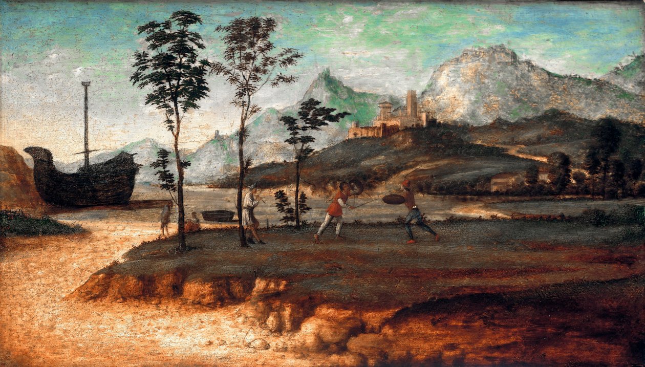 "Kystlandskab med to mænd i kamp" (kystlandskab med to mænd i kamp) Maleri af Giovanni Battista Cima da Conegliano (ca. 1459-1517), ca. 1510 - Olie på træ, 32x53 - Staatliche Museen, Berlin af Giovanni Battista Cima da Conegliano