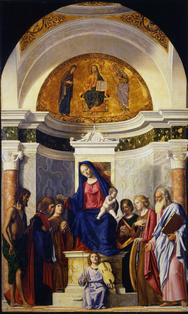 Jomfru og barn med de hellige Johannes Døberen, Cosmas og Damian, Catherine og Paul, ca 1506-1507 af Giovanni Battista Cima da Conegliano