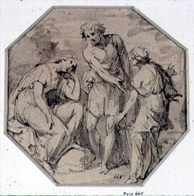 En mand og to kvinder i samtale (tegning) af Giovanni Battista Cipriani