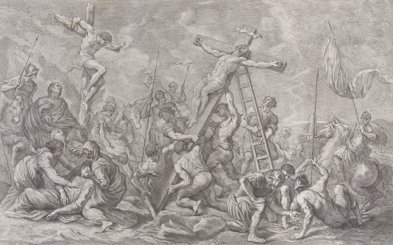 Korsfæstelsen, med sænkningen af korset i midten, soldater overalt og en tyv..., 1762. af Giovanni Battista Cipriani