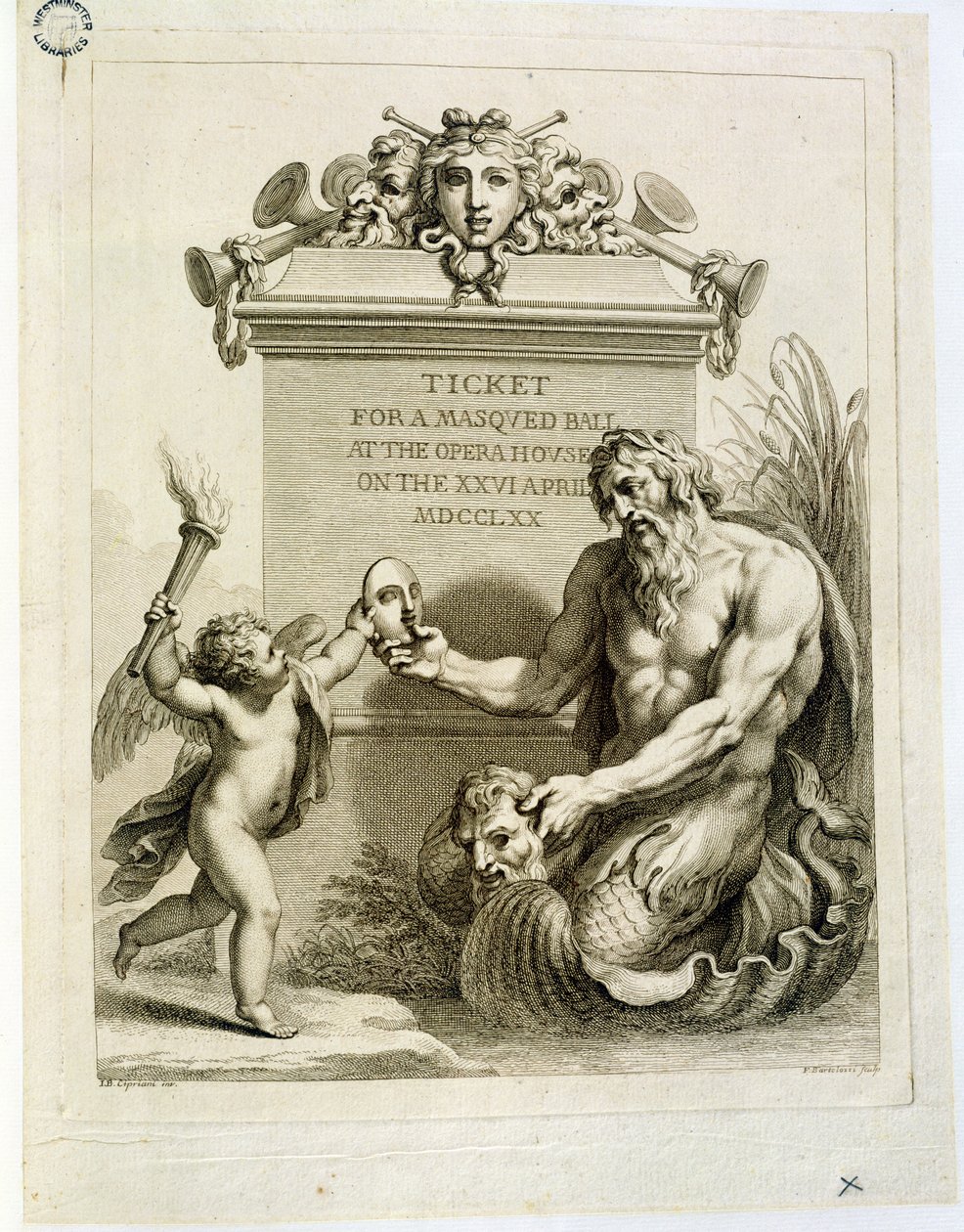 Billet til et maskebal i operahuset den 26. april, indgraveret af Francesco Bartolozzi (1727-1815), 1770 af Giovanni Battista Cipriani