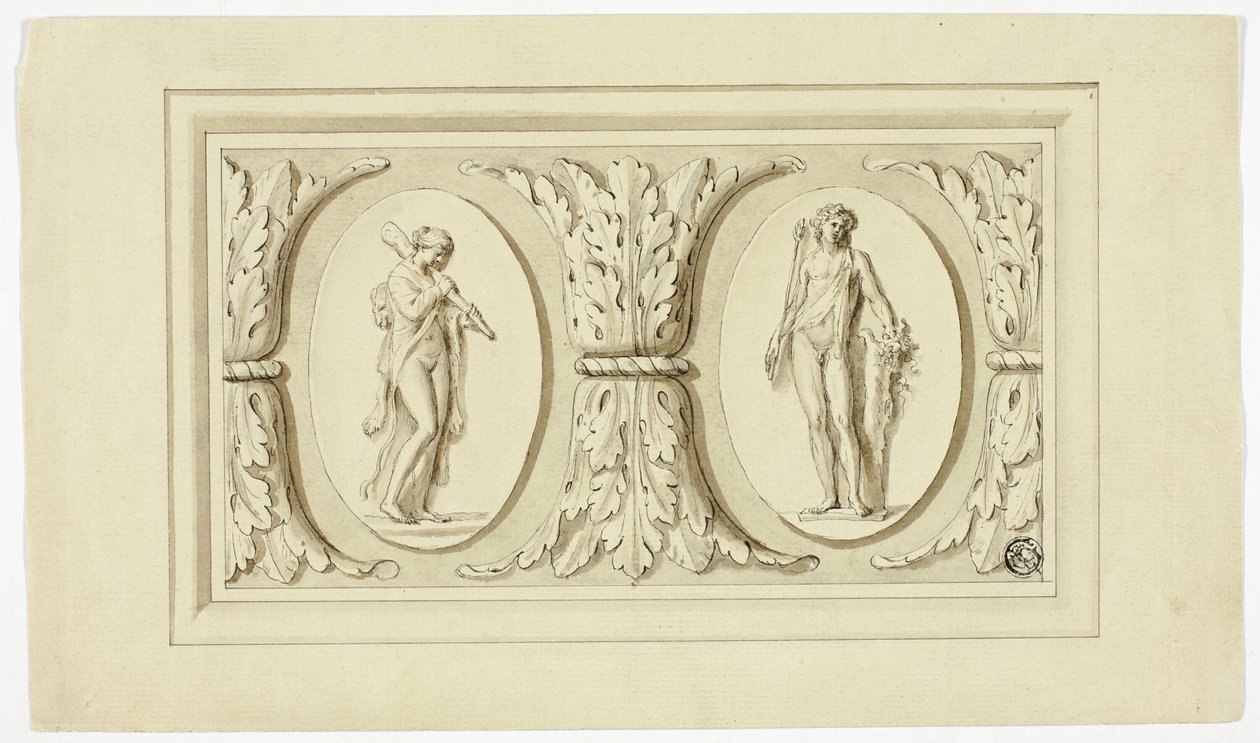 To medaljoner med stående figurer af Omphale og Bacchus, adskilt af et design af akantusblade af Giovanni Battista Cipriani