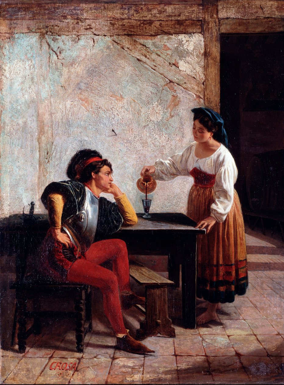 Ung tjener i en kro og en soldat Maleri af Giovanni Battista Crosa (aktiv mellem 1859 og 1882) 1865 Dim 98x64 cm Genes, Galleria d