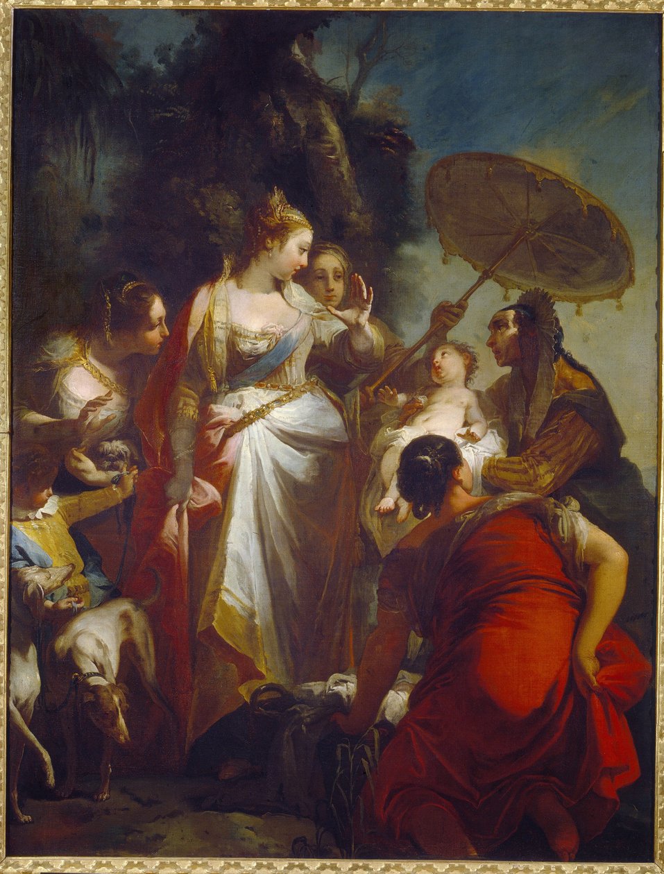 Opdagelsen af ​​Moses. (Fundet af Moses). Faraos datter beslutter sig for at adoptere den nye fundet i en kurv nær Nilen (Ægypten). Maleri af Giovanni Battista Crosato (ca. 1697-1758), olie på lærred, ca. 1730. Italiensk kunst (Venedig) af Giovanni Battista Crosato