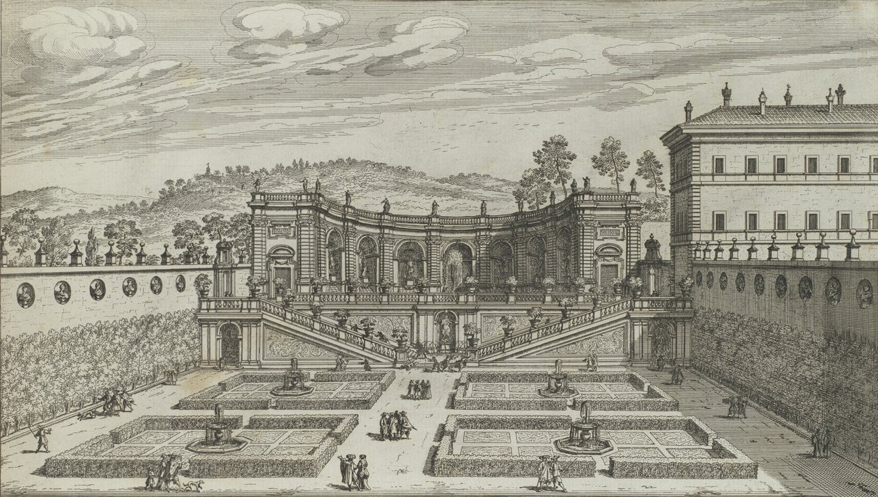 Et andet perspektivbillede af Teatro et Giardino Contigvo i Mondragone i Fras ..., 1691 eller senere. af Giovanni Battista Falda