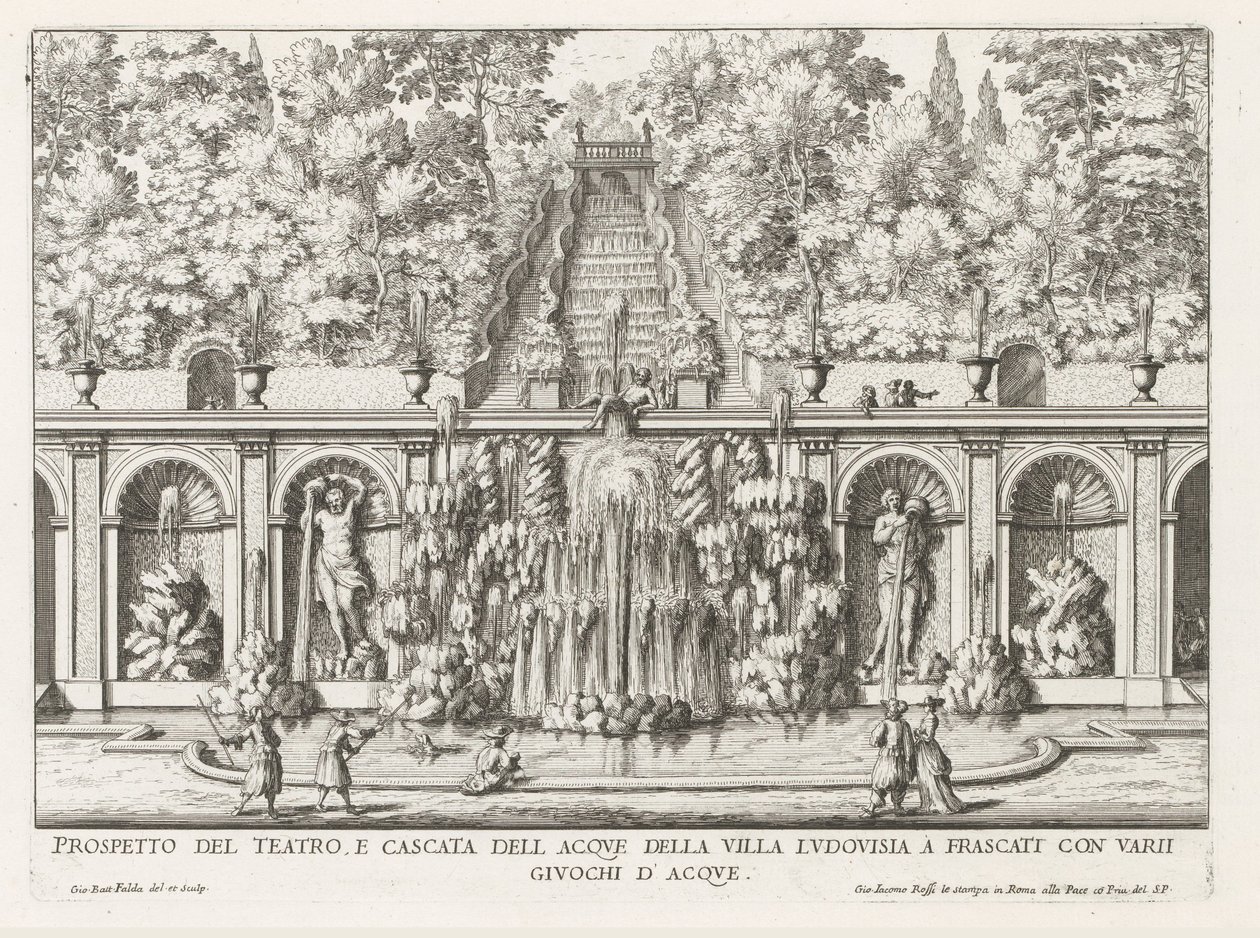 Cascade en Teatro delle Acque i de tuinen fra Villa Torlonia te Frascati Prospekt for teater- og vandkaskaden i Villa Ludovisia (...) (titel på objektet) Frascati-villaernes springvand (serietitel) Fonteinen van Frascati (serietitel) af Giovanni Battista Falda