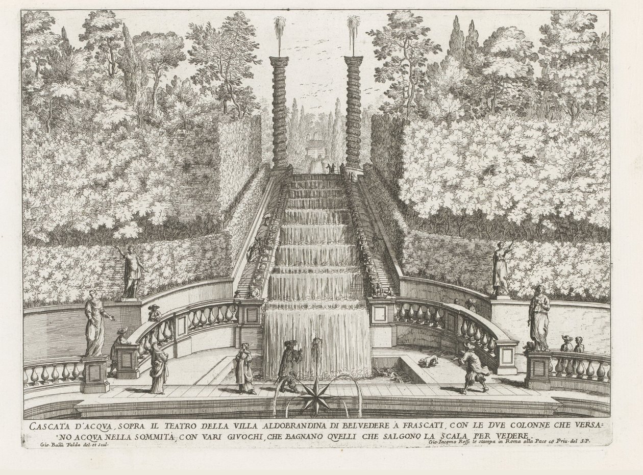 Cascade in the gardenen van de Villa Aldobrandini te Frascati Vandfald over teatret i Villa Aldobrandina di Belvedere i Frascati (...) (titel på objektet) Frascati-villaernes springvand (serietitel) Fonteinen van Frascati (serietitel) af Giovanni Battista Falda