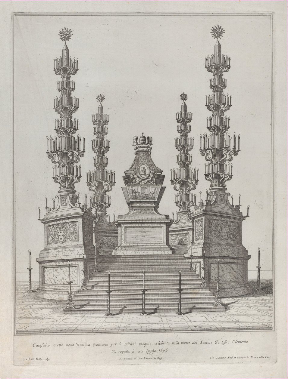 Katafalke for pave Clement X: en central struktur rejst på en 15-trins platform, med c..., 1676. af Giovanni Battista Falda