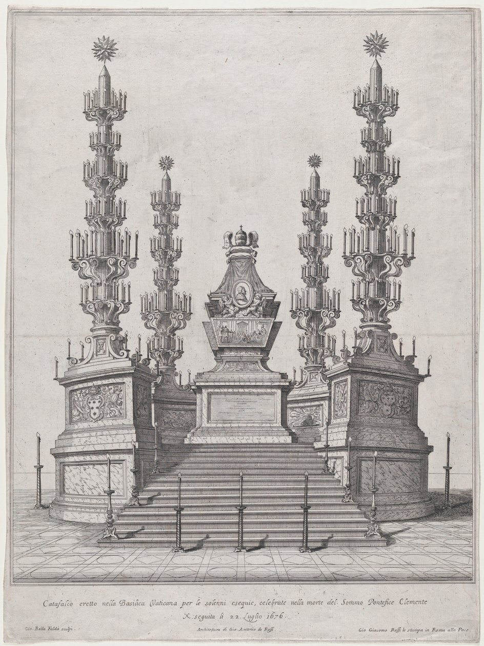 Katafalke for pave Clement X, central struktur på toppen af en femtentrins platform, med..., 1676. af Giovanni Battista Falda