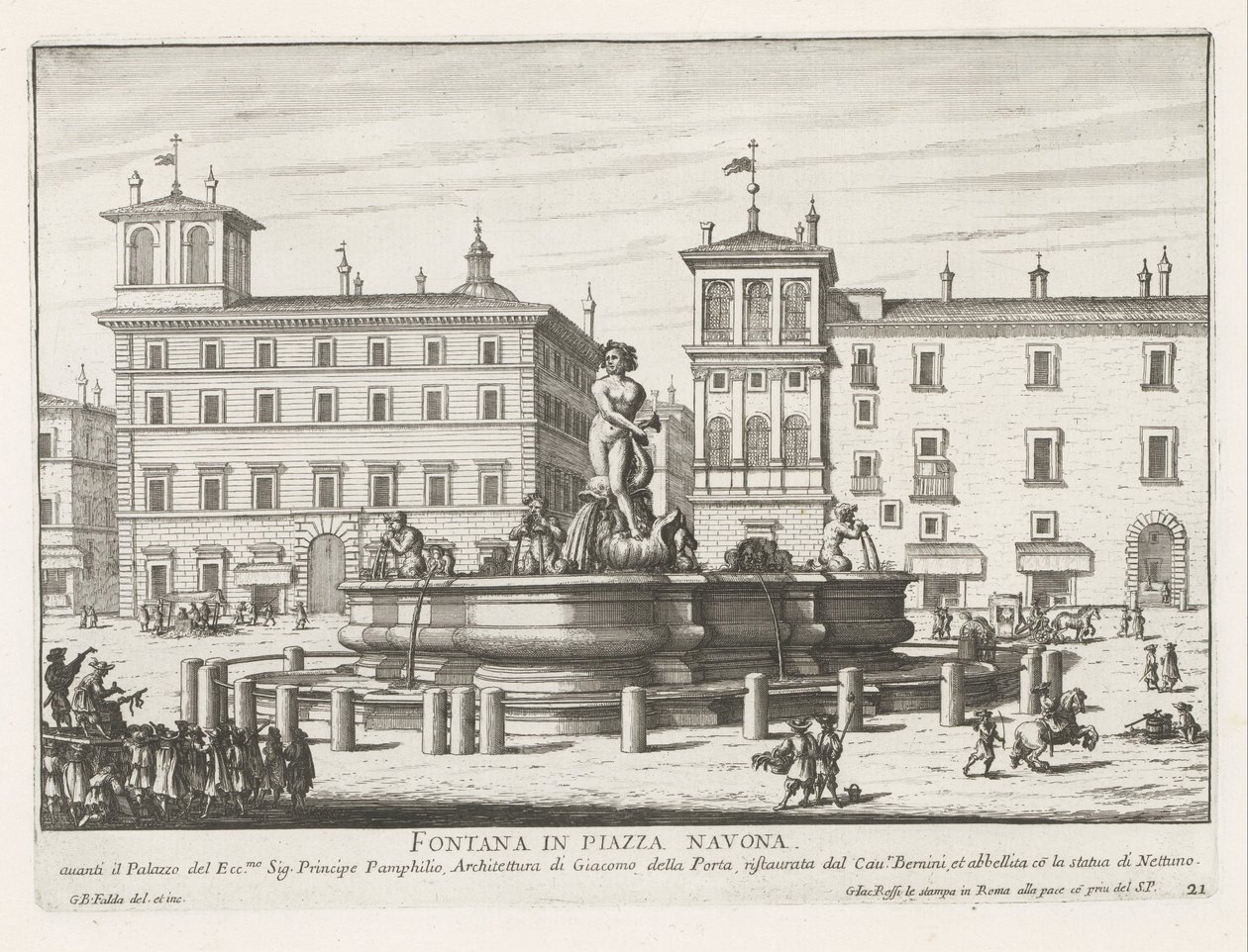 Fontana del Moro på Piazza Navona te Rom Springvand på Piazza Navona (titel på objekt) Fontæner i Rom (serietitel) Fonteinen van Rome (serietitel) af Giovanni Battista Falda