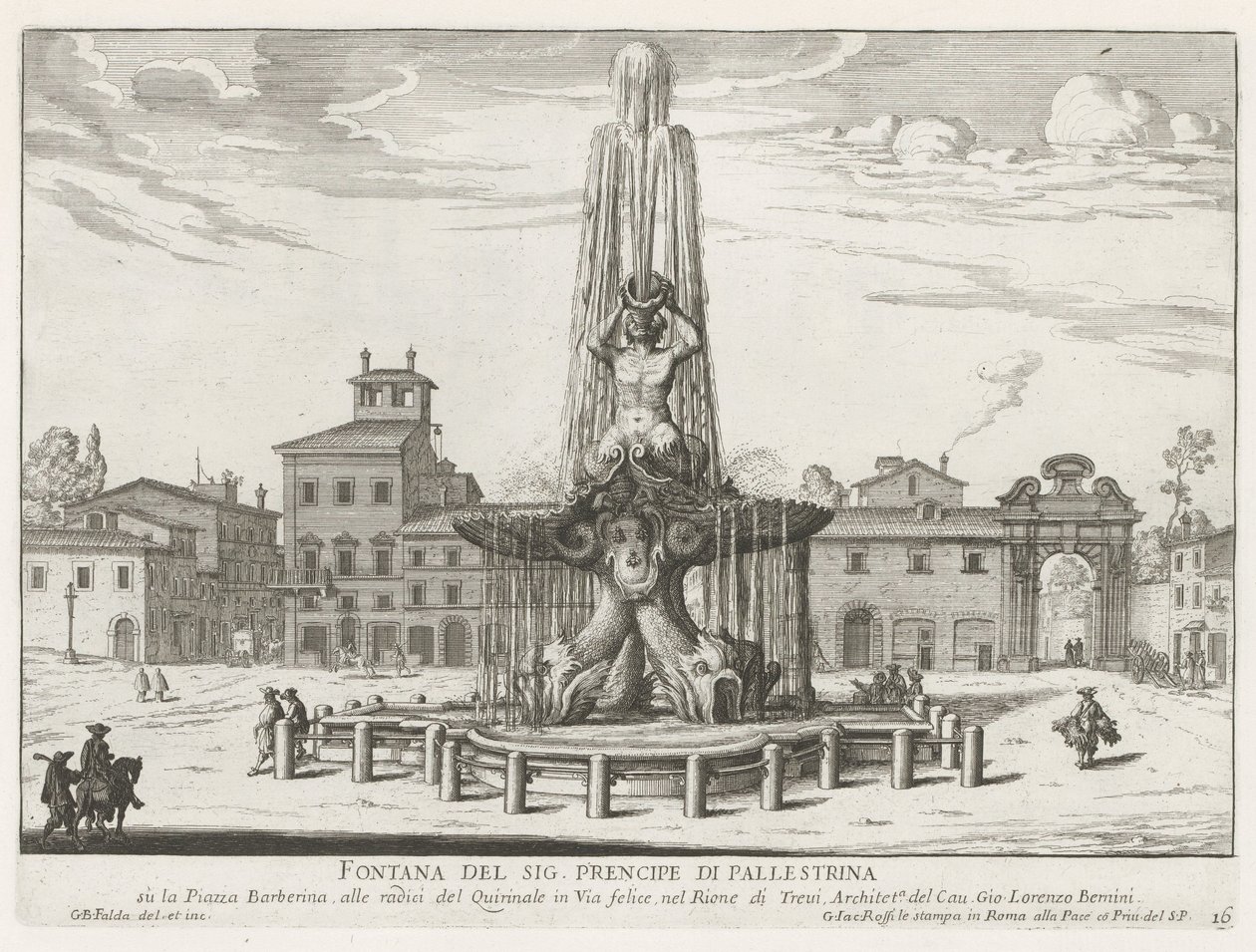 Triton-fontænen på Piazza Barberini i Rom Springvand af Mr. Prencipe di Pallestrina (titel på objekt) Fontæner i Rom (serietitel) Fonteinen van Rome (serietitel) af Giovanni Battista Falda