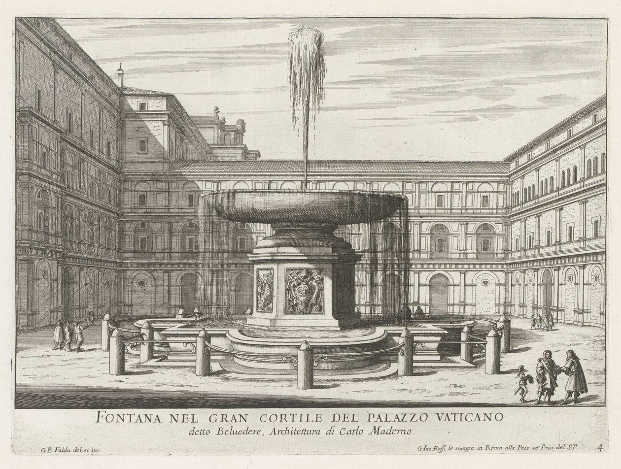Fontein i de Cortile del Belvedere i Vatikanet Springvand i den store gårdhave til Vatikanpaladset (titel på objektet) Fontæner i Rom (serietitel) Fonteinen van Rome (serietitel) af Giovanni Battista Falda