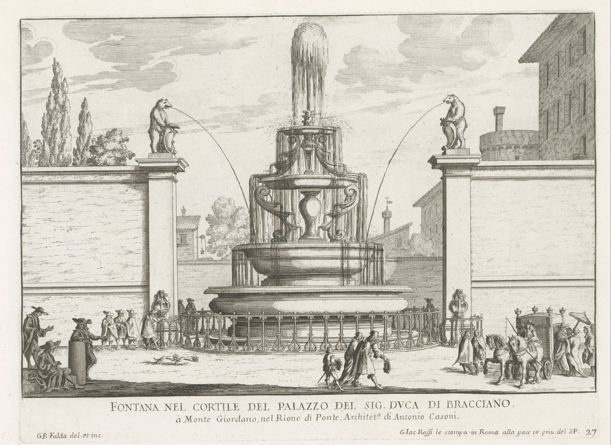 Fontein in the binnenplaats af Palazzo Taverna te Rom Springvand i gården til Mr. hertug af Bracciano (titel på objekt) Fontæner i Rom (serietitel) Fonteinen van Rome (serietitel) af Giovanni Battista Falda