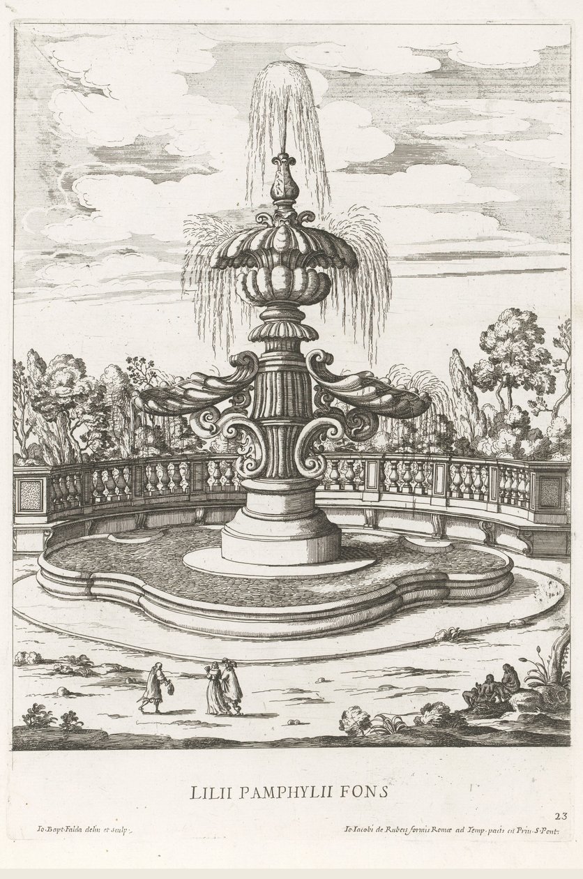 Springvand i haverne ved Villa Doria Pamphilj i Rom Lilii Pamphylii fons (titel på objekt) Le fontane ne palazzi e ne giardini di Roma (serietitel) Springvand i Roms paladser og haver (serietitel) af Giovanni Battista Falda