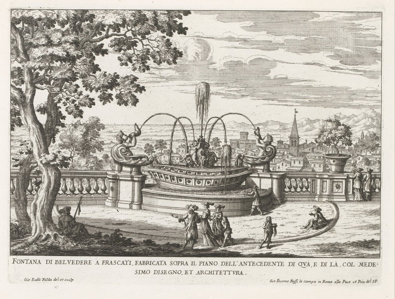 Fontein in de tuinen af ​​Villa Aldobrandini te Frascati Belvedere-fontænen i Frascati, bygget over gulvet i forgængeren på denne side (...) (titel på objektet) Frascati-villaernes springvand (serietitel) Fonteinen van Frascati (serietitel) af Giovanni Battista Falda