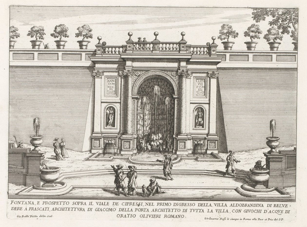 Fontein in de tuinen af ​​Villa Aldobrandini te Frascati Springvand og forhøjning over cypres alléen (...) (titel på objektet) Frascati-villaernes springvand (serietitel) Fonteinen van Frascati (serietitel) af Giovanni Battista Falda