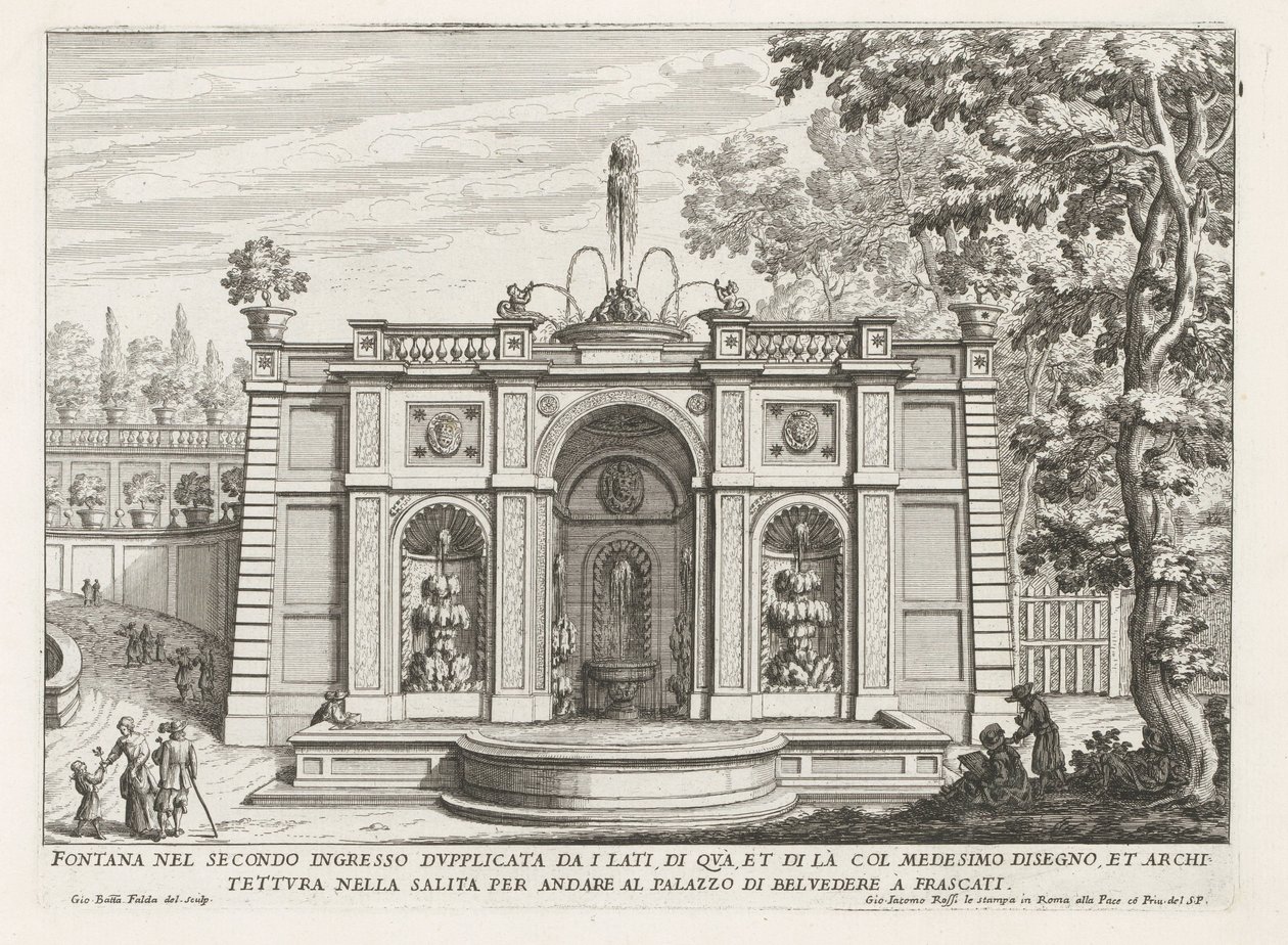 Fontein in de tuinen af ​​Villa Aldobrandini te Frascati Springvand i anden indgang fordoblet fra siderne (...) (titel på objekt) Frascati-villaernes springvand (serietitel) Fonteinen van Frascati (serietitel) af Giovanni Battista Falda