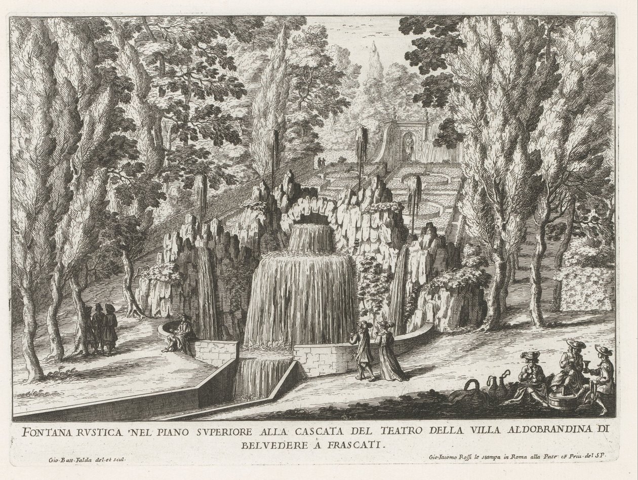 Fontein in de tuinen af ​​Villa Aldobrandini te Frascati Rustik springvand på øverste etage ved teatrets vandfald (...) (titel på objektet) Frascati-villaernes springvand (serietitel) Fonteinen van Frascati (serietitel) af Giovanni Battista Falda