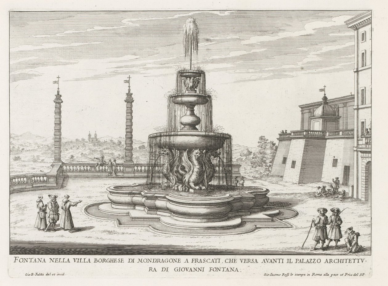 Fontein in de tuinen af ​​Villa Mondragone te Frascati Springvand i Villa Borghese di Mondragone i Frascati (...) (titel på objekt) Frascati-villaernes springvand (serietitel) Fonteinen van Frascati (serietitel) af Giovanni Battista Falda