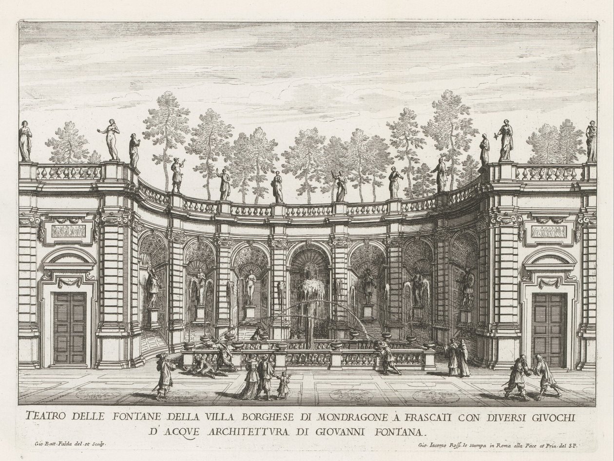 Fontein in de tuinen af ​​Villa Mondragone te Frascati Teater for springvandene i Villa Borghese i Mondragone i Frascati (...) (titel på objektet) Frascati-villaernes springvand (serietitel) Fonteinen van Frascati (serietitel) af Giovanni Battista Falda