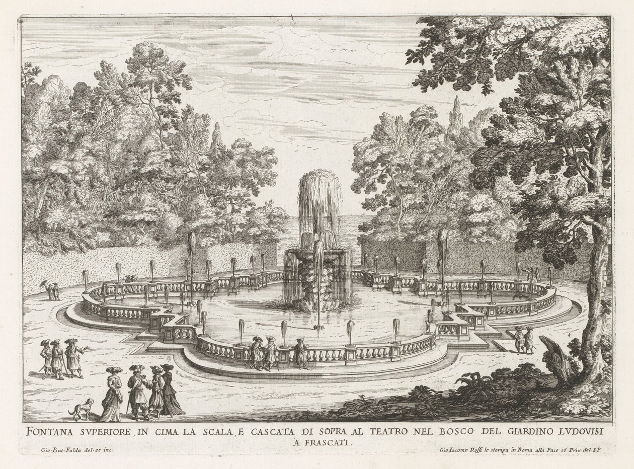 Fontein in de tuinen af ​​de Villa Torlonia te Frascati Øverste springvand på toppen af ​​trappen og vandfaldet over teatret (...) (titel på objektet) Frascati-villaernes springvand (serietitel) Fonteinen van Frascati (serietitel) af Giovanni Battista Falda