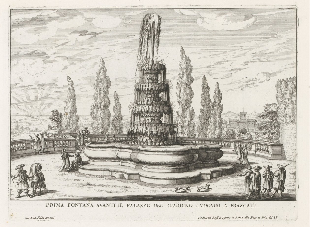 Fontein in de tuinen af ​​de Villa Torlonia te Frascati Første springvand foran Palazzo del Giardino Ludovisi i Frascati (titel på objektet) Frascati-villaernes springvand (serietitel) Fonteinen van Frascati (serietitel) af Giovanni Battista Falda