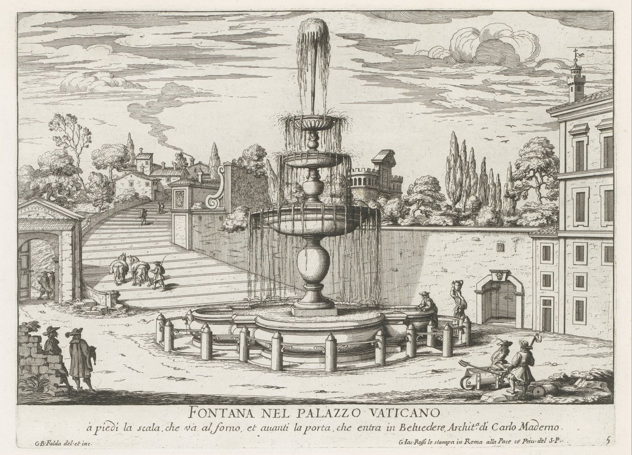 Springvand i Vatikanet Fontana nel Palazzo Vaticano (titel på objekt) Fontane di Roma (serietitel) Fontæner i Rom (serietitel) af Giovanni Battista Falda