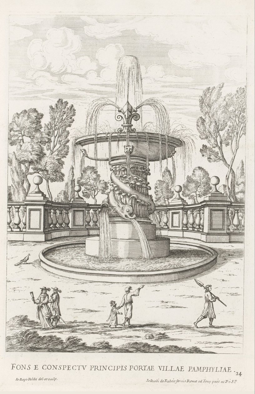 Fontein mødte dolfijnen i de tuinen af ​​Villa Doria Pamphilj te Rom Springvandet foran prinsens port til byen Pamfylien (titel på objektet) Le fontane ne palazzi e ne giardini di Roma (serietitel) Fonteinen in de paleizen en tuinen van Rome (serietitel af Giovanni Battista Falda