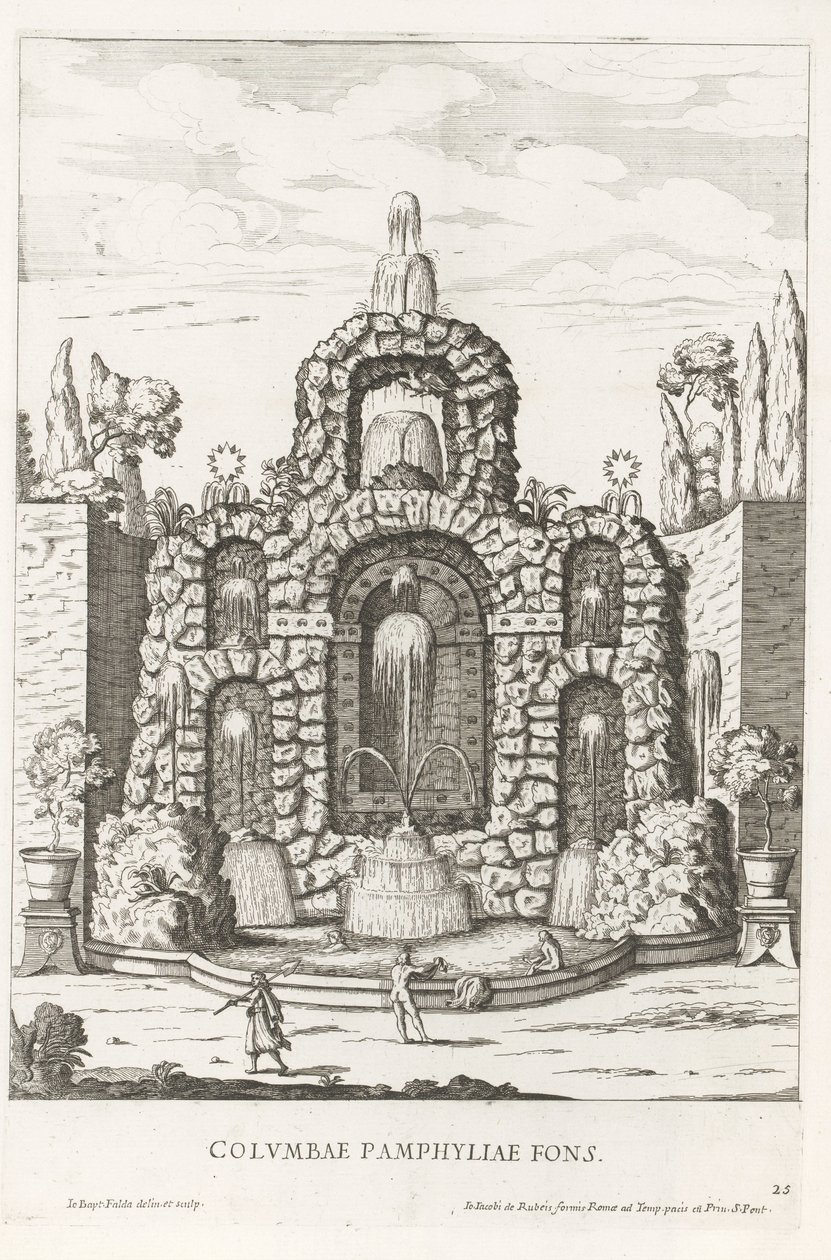 Springvand med duer i haverne ved Villa Doria Pamphilj i Rom Columbae Pamphyliae fons (titel på objekt) Le fontane ne palazzi e ne giardini di Roma (serietitel) Springvand i Roms paladser og haver (serietitel) af Giovanni Battista Falda