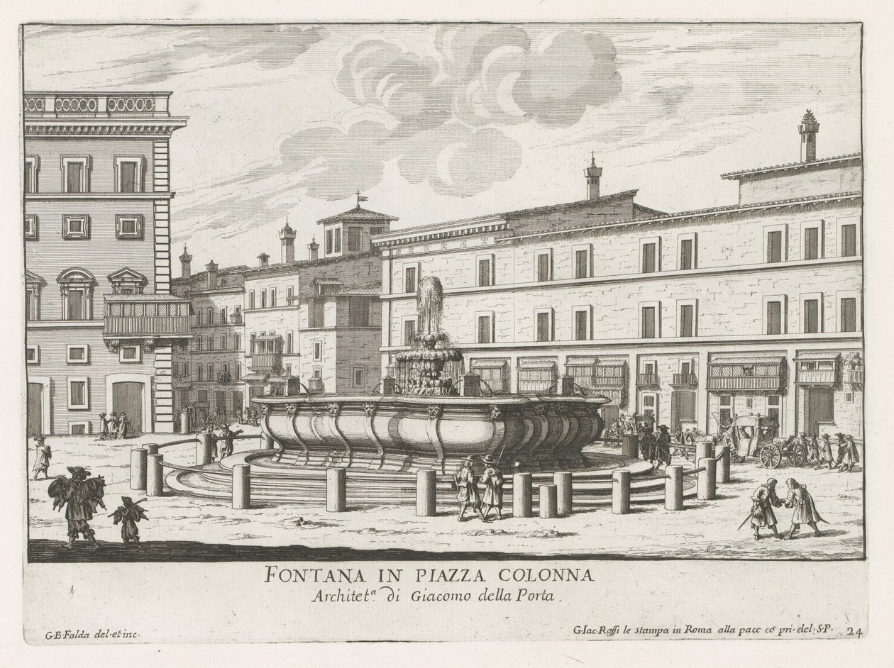 Fontein på Piazza Colonna te Rom Springvand på Piazza Colonna (titel på objekt) Fontæner i Rom (serietitel) Fonteinen van Rome (serietitel) af Giovanni Battista Falda
