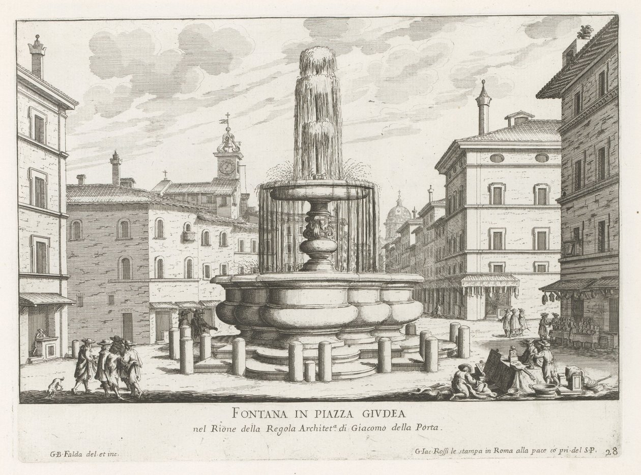 Fontein på Piazza Giudia te Rom Springvand på Piazza Giudea (titel på objekt) Fontæner i Rom (serietitel) Fonteinen van Rome (serietitel) af Giovanni Battista Falda