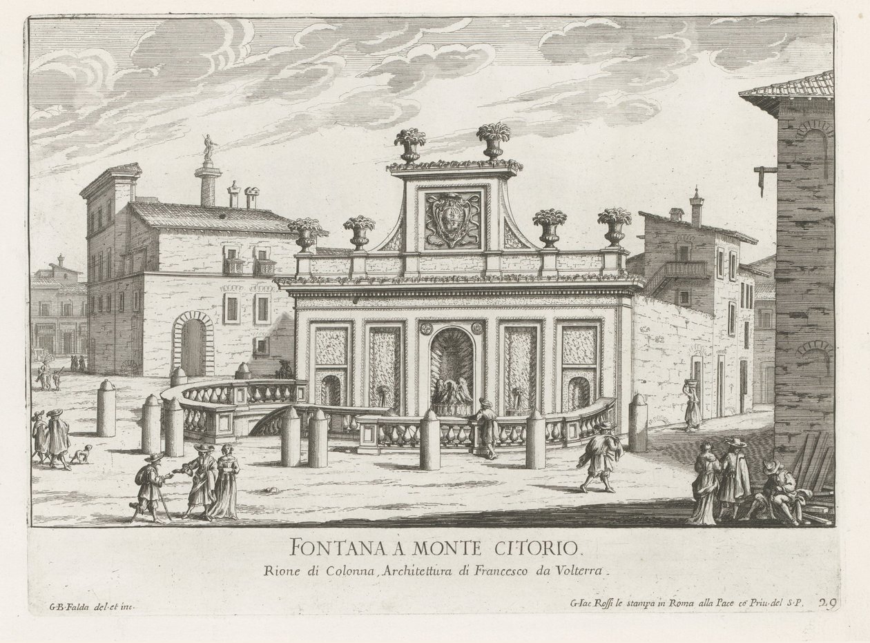 Fontein på Piazza Montecitorio te Rom Fontana a Monte Citorio (titel på objekt) Fontane di Roma (serietitel) Fonteinen van Rome (serietitel) af Giovanni Battista Falda