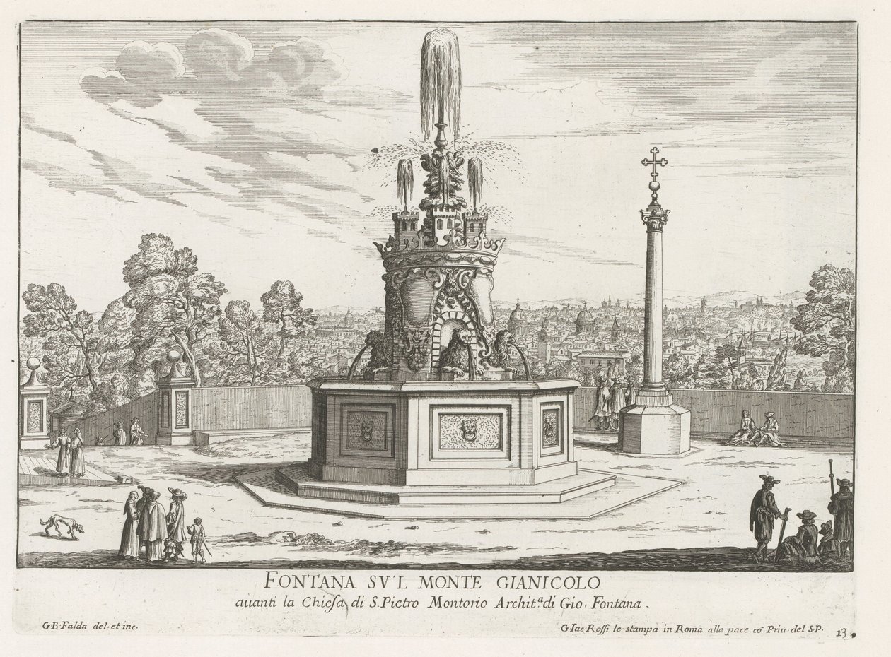 Fontein på Piazza San Pietro i Montorio op de Janiculumberg te Rom Springvand på Mount Gianicolo (titel på objekt) Fontæner i Rom (serietitel) Fonteinen van Rome (serietitel) af Giovanni Battista Falda