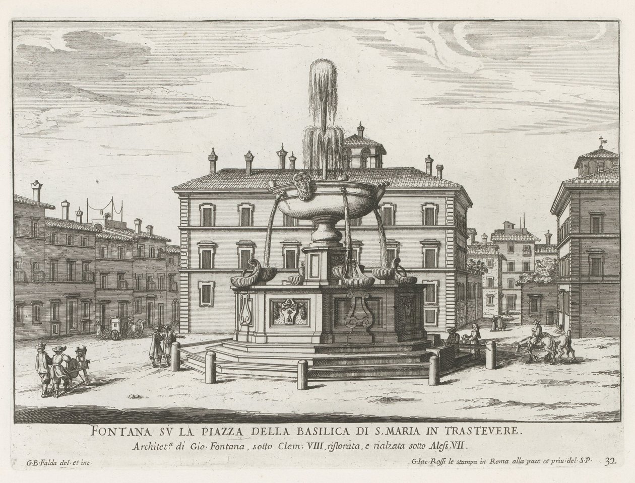 Fontein på Piazza Santa Maria in Trastevere Springvand på pladsen i Basilica of S. Maria in Trastevere (titel på objektet) Fountains of Rome (serietitel) Fonteinen van Rome (serietitel) af Giovanni Battista Falda