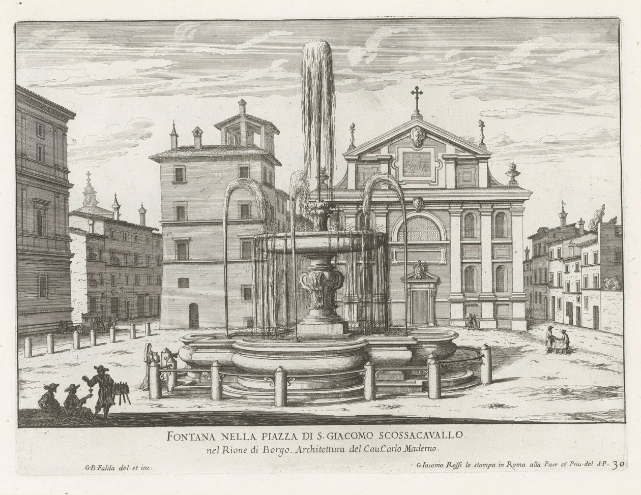 Fontein på Piazza Scossacavalli i Rom Springvand på Piazza di S. Giacomo Scossacavallo (titel på objekt) Fontæner i Rom (serietitel) Fonteinen van Rome (serietitel) af Giovanni Battista Falda
