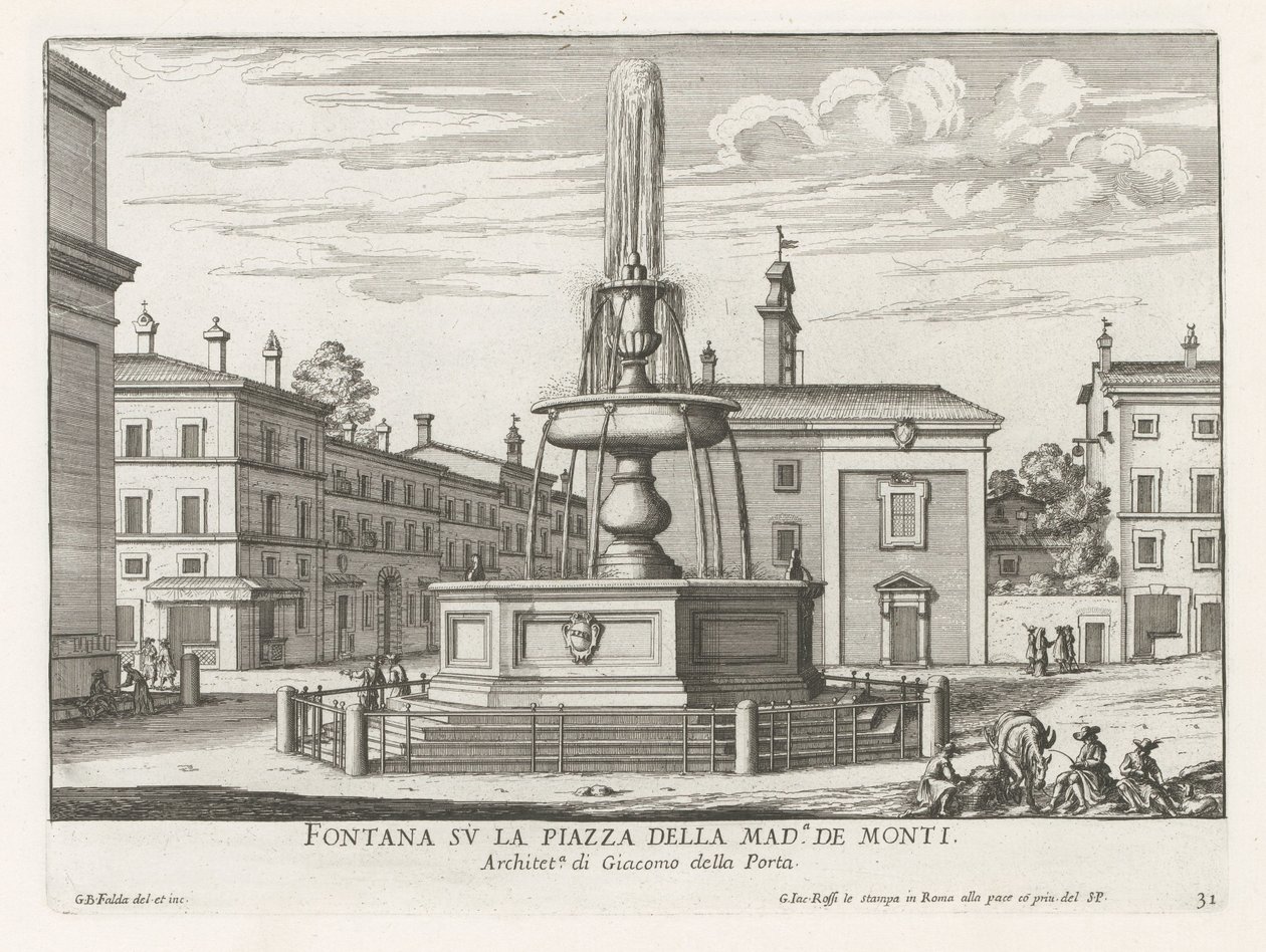 Fontein på Piazza della Madonna dei Monti te Rom Springvand på Piazza della Mad.a de Monti (titel på objekt) Fontæner i Rom (serietitel) Fonteinen van Rome (serietitel) af Giovanni Battista Falda