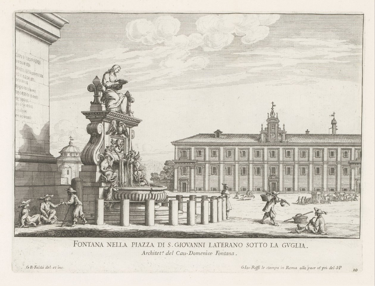 Fontein på Piazza di San Giovanni i Laterano te Rom Springvand på Piazza di S. Giovanni Laterano under spiret (titel på objektet) Fontæner i Rom (serietitel) Fonteinen van Rome (serietitel) af Giovanni Battista Falda