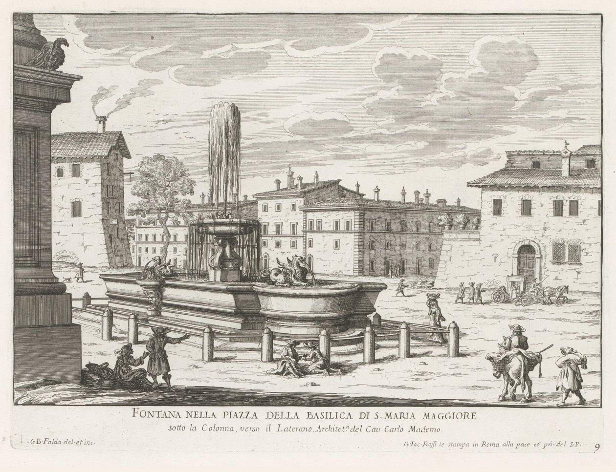 Fontein på Piazza di Santa Maria Maggiore te Rom Springvand på pladsen i Basilica of S. Maria Maggiore (titel på objektet) Fontæner i Rom (serietitel) Fonteinen van Rome (serietitel) af Giovanni Battista Falda