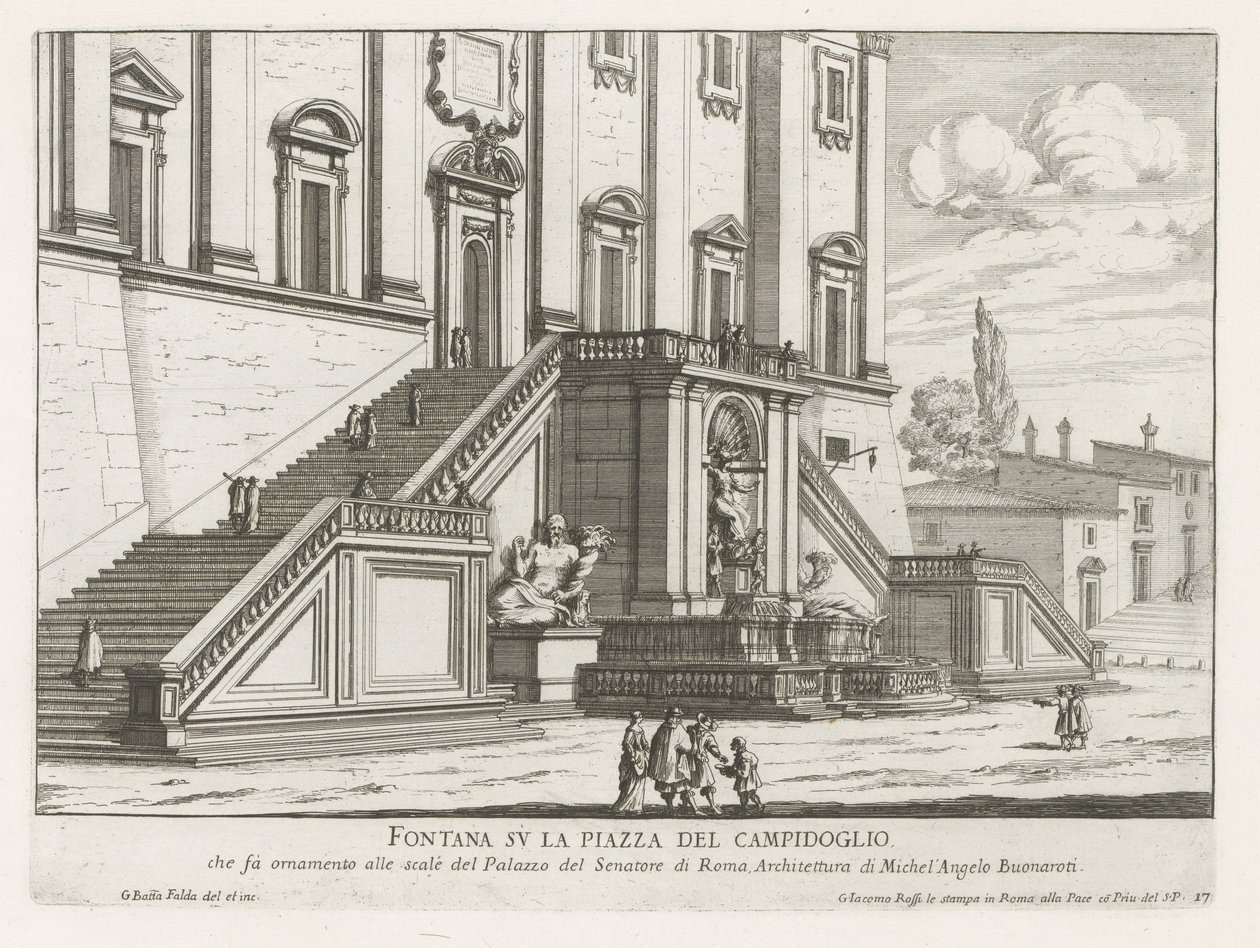 Springvand foran Palazzo Senatorio på Capitol i Rom Fontana su la Piazza del Campidoglio (titel på objekt) Fontane di Roma (serietitel) Fontæner i Rom (serietitel) af Giovanni Battista Falda